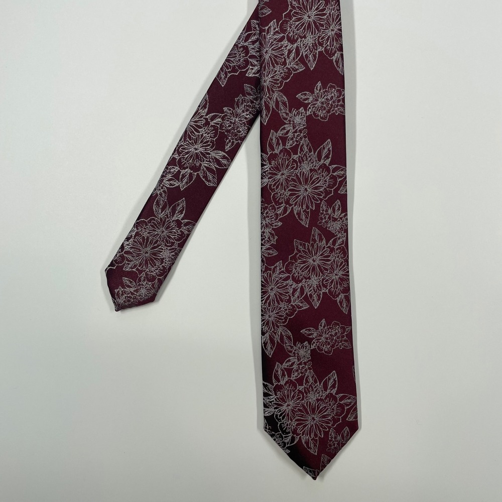 Bespoke Burgundy Floral Silver Line Art Skinny Necktie Mens OS
